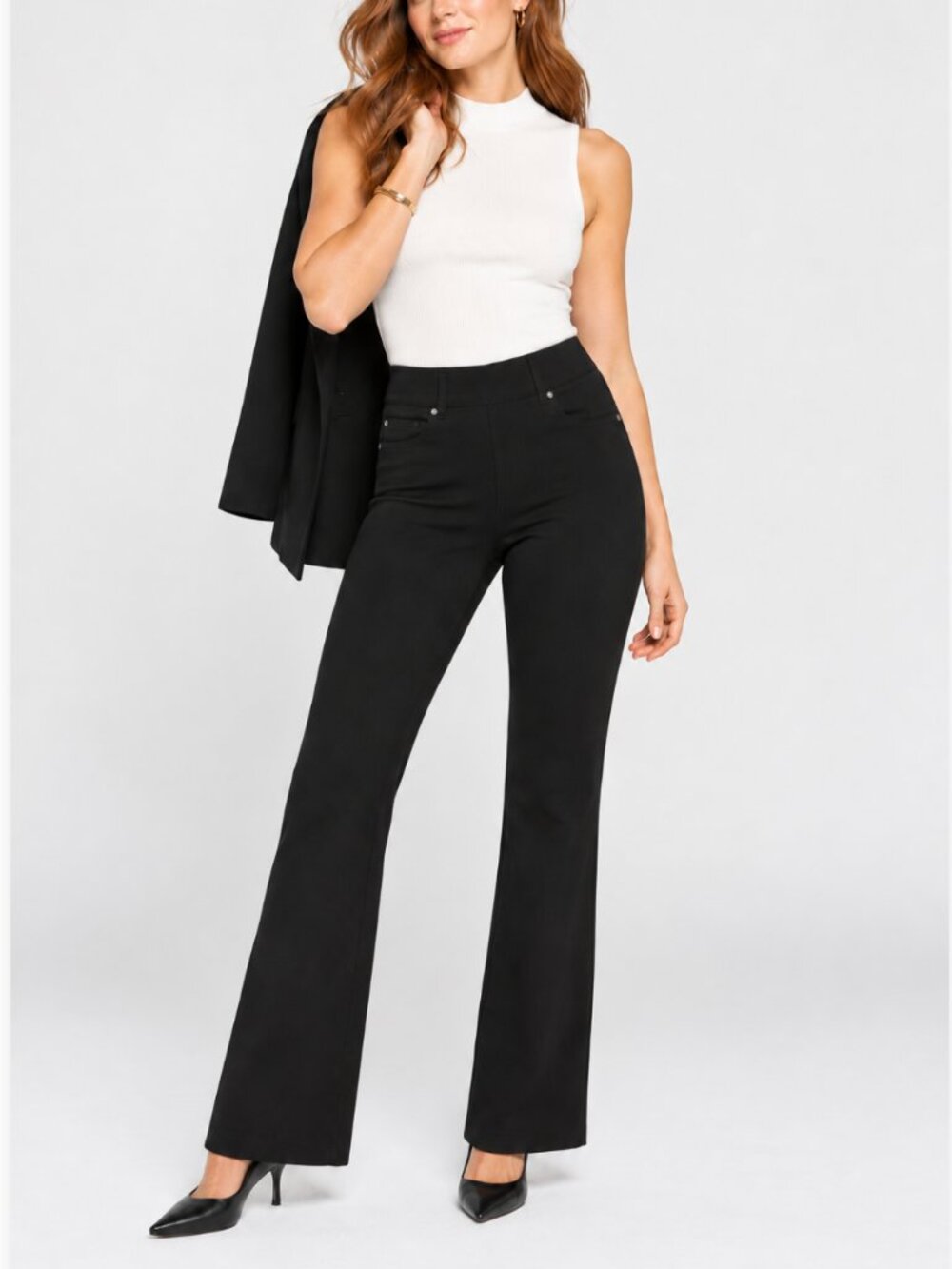 NWT SPANX Black Pull-On Cropped Flare Pants Faux Pockets Size Large